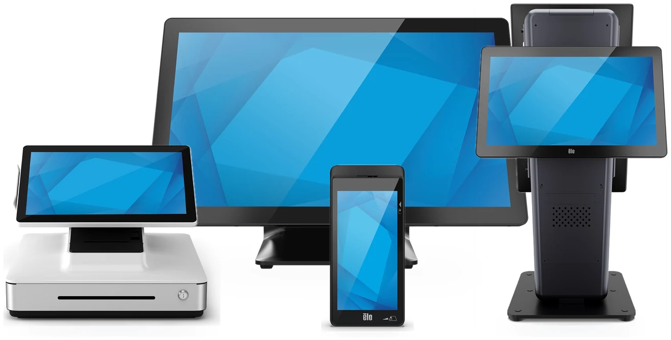 Elo Pay countertop POS, I-Series 22-inch all-in-one, Elo Pay M60 handheld and a Wallaby kiosk stand