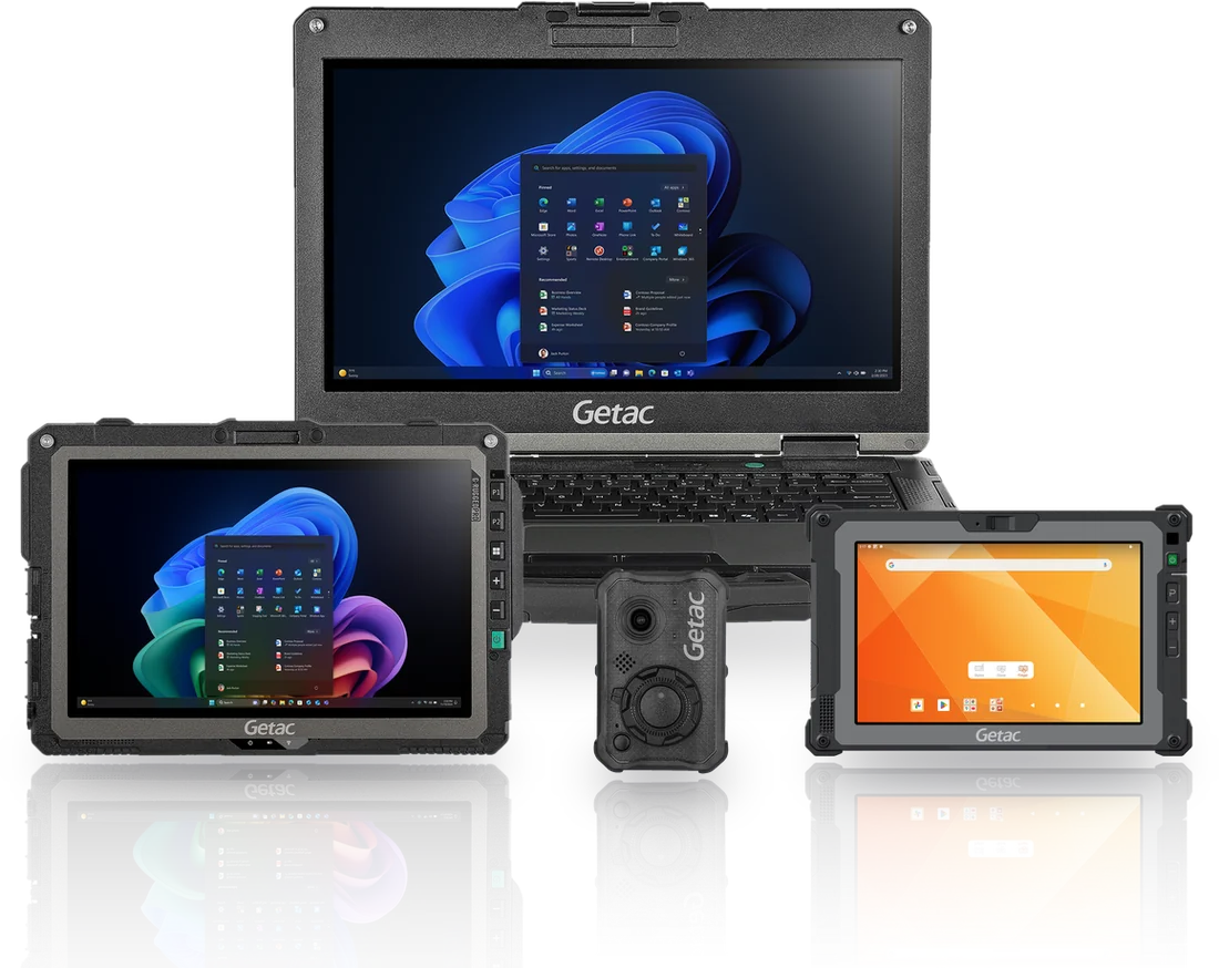 Getac B360 rugged laptop with a UX10 tablet, BC-04 body-worn camera and ZX80 tablet